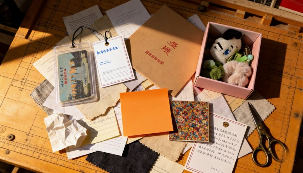 木案上的牛皮纸信封、手写标签与图纸