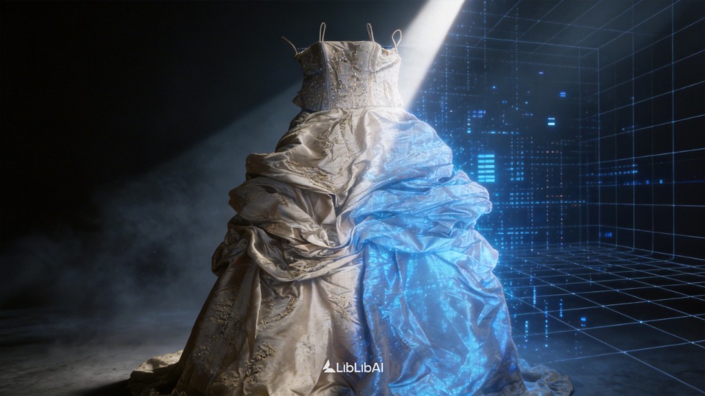 礼服裙在实体与蓝色网格数字空间之间的分界视觉