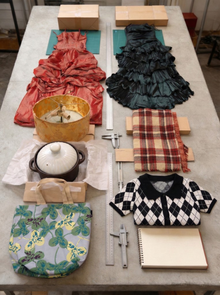 石台上平铺的衣裙与居中直尺、卡尺