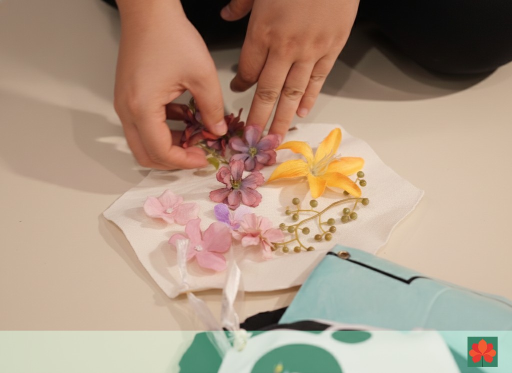 在白色六边形底材上摆放人造花与枝叶的双手