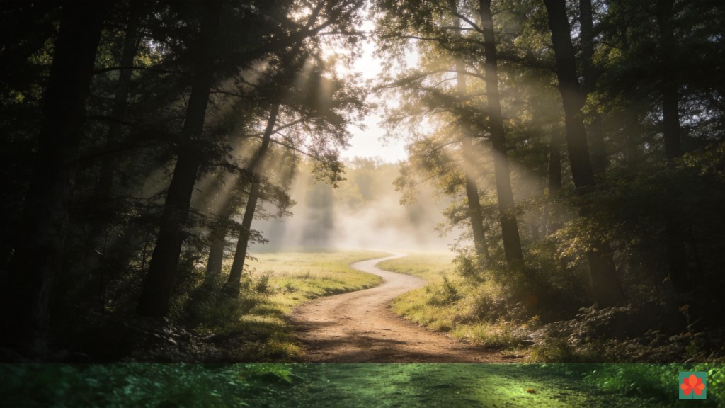 林间小径与穿过树冠的光束