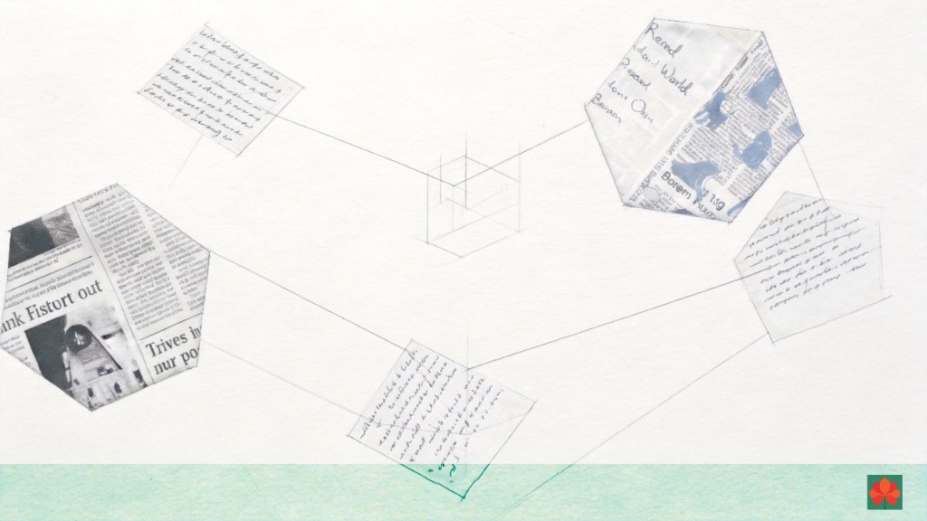 铅笔线框与剪报拼贴连成的示意网络