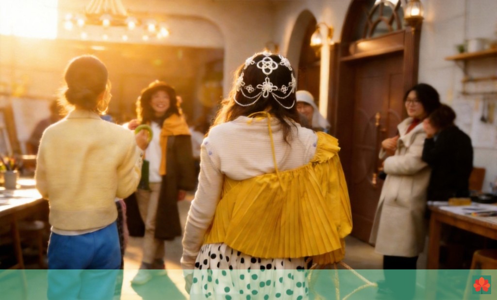 暖光下人群走入工坊或展厅空间